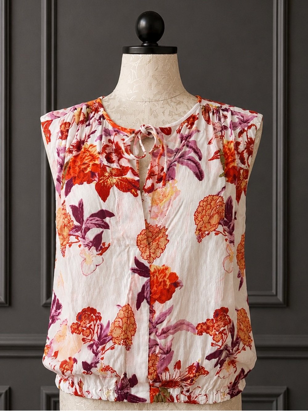 Lucky Brand White Sleeveless Floral Tie-Neck Top with Red & Purple Blooms